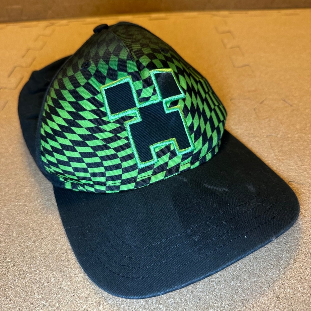 Minecraft Creeper Hat Youth OSFM Black Green Checkered Snapback Baseball Cap
